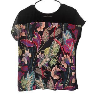 Promod French Boutique Black Cap Sleeve Top with Multicolor Floral Print‎